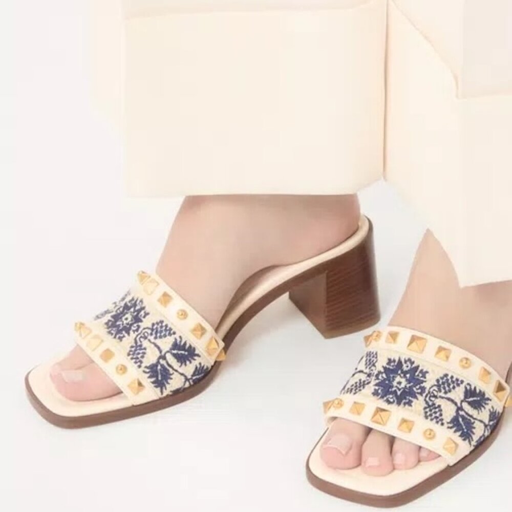 Valentino County Rockstud Slide Sandals Embroidered Mules Heels Shoes - Picture 4 of 16